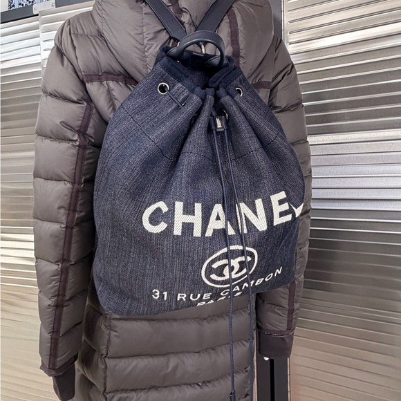 Chanel Deauville Large Navy Denim Canvas Drawstring Backpack - Picture 15 of 15